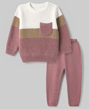 Babyhug Knit Full Sleeves Sweater Set with Color Block Design - Pink