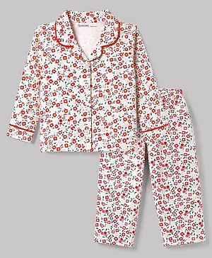 Doreme Single Jersey Knit Full
                              Sleeves Shirt & Pyjama Co-Ord Night
                              Suit With Floral Print - White & Red