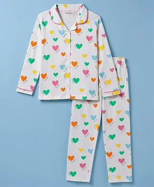 Doreme Single Jersey Knit Full
                              Sleeves Shirt & Pyjama Co-Ord Night
                              Suit With Heart Print - White