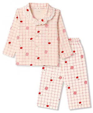 Doreme Single Jersey Knit Full
                              Sleeves Shirt & Pyjama Checks Co-Ord
                              Night Suit With Fruit Print - Pink