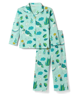 Doreme Single Jersey Knit Full
                              Sleeves Shirt & Pyjama Co-Ord Night
                              Suit With Unicorn Print - Blue