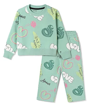 Doreme Sinker Knit Full Sleeves
                              T-Shirt & Pant Set With Heart &
                              Text Print - Green