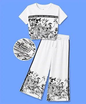 Ollington St. Cotton Knit Half Sleeve
                              Top & Culottes With Print- White