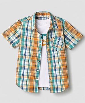 Pine Kids Cotton Woven Checks Shirt and Text Print T-Shirt with Half Sleeves -Green