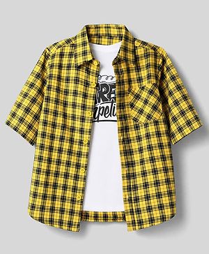 Pine Kids Cotton Woven Checks Twofer Shirt with Full Sleeves - Yellow