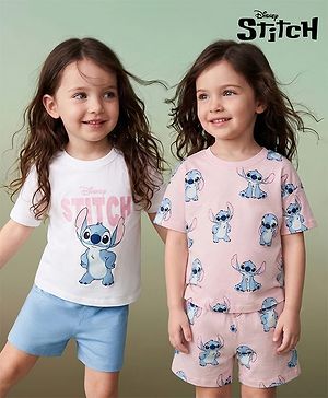 Bonfino Disney Single Jersey Knit Half Sleeves Co-Ords T-Shirt & Shorts Night Suit Stitch Print Pack of 2 - Pink