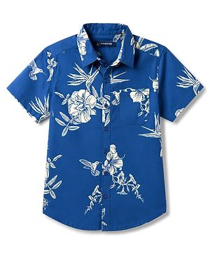 Pine Kids 100% Cotton Woven Half Sleeves Floral Printed Shirt - Navy Blue