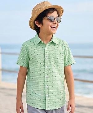Pine Kids Cotton Woven Half Sleeves Shirt With Deer Print - Green