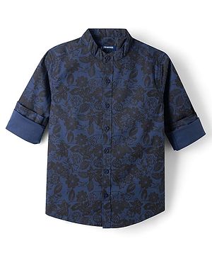 Pine Kids 100% Cotton Woven Full Sleeves Floral Printed Shirt - Navy Blue