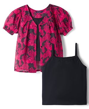 Pine Kids Woven Half Puffed Sleeves Floral Printed Top with Inner Slips - Dark Pink & Black