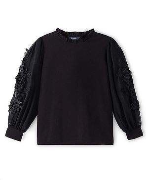 Pine Kids Woven Full Sleeves Solid Colour Top with Lace Detailing in Sleeves- Black
