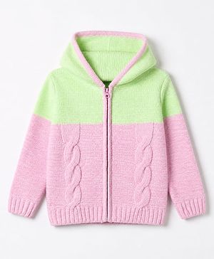 Pine Kids Cable Knit Front Open Sweater with Full Sleeves in Pink Green