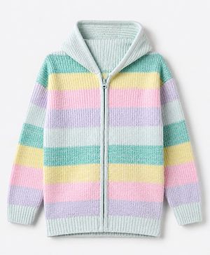 Pine Kids Knit Front Open Sweater with Full Sleeves and Stripes In Green