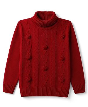 Pine Kids Knit Full Sleeves Pullover with Floral Crochet - Red