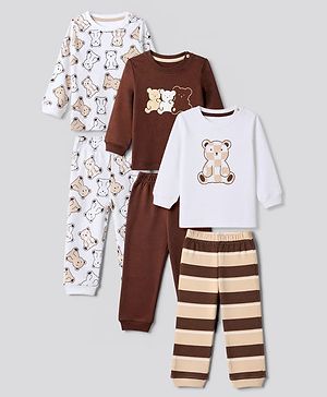Bonfino 100% Cotton Knit Full Sleeves Co-Ords T-Shirt & Pyjama Night Suit with Bear Print Pack of 3 - White & Brown