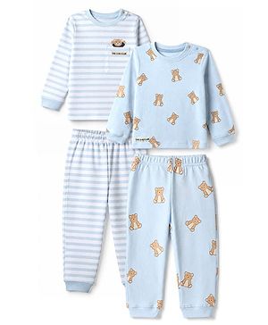 Bonfino 100% Cotton Knit Yarn Dyed Full Sleeves Striped T-Shirt & Pajama Night Suit with Bear Print Pack of 2 - White