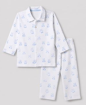 Bonfino 100% Cotton Knit Yarn Dyed Full Sleeves Co-ord Shirt & Pajama Night Suit with Bear Print - White