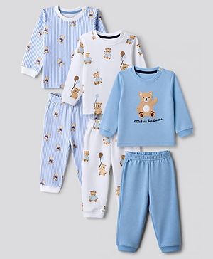 Bonfino Boys 100% Cotton Knit Full Sleeve T-shirt & Jogger Night Suit with Bear Print in Blue White Pack of 3
