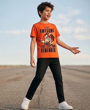 Pine Kids Cotton Knit Half Sleeves Text Printed T-Shirt and Jeans Set - Orange & Black