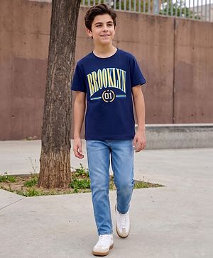 Pine Kids Cotton Knit Half Sleeves T-Shirt & Jeans Set with Brooklyn Print - Navy Blue
