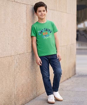 Pine Kids Cotton Knit Half Sleeves Text Printed T-Shirt & Jeans - Green & Blue
