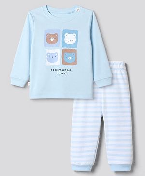 Bonfino 100% Cotton Knit Full Sleeves T-Shirt and Pajama Night Suit with Stripes and Teddy Bear Print - Blue, White