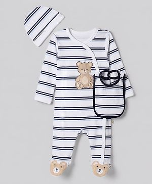 Bonfino 100 % Cotton Knit Yarn Dyed Full Sleeves Striped Teddy Print Sleep Suit with Caps & Bibs - White