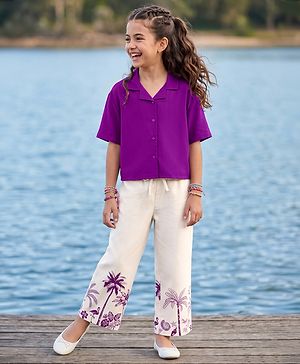 Pine Kids Cotton Woven Half Sleeves Solid Shirt & Beach Theme Printed Pant Set - Purple