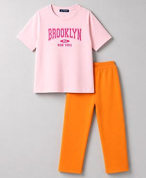 Pine Kids Cotton Looper Knit Half Sleeves Text Printed Top & Pant Set - Light Pink & Orange