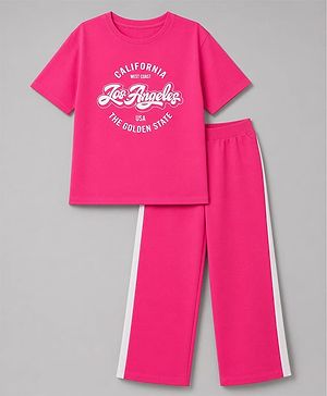 Pine Kids Cotton Looper Knit a Half Sleeves Text Printed Top & Pant Set - Dark Pink