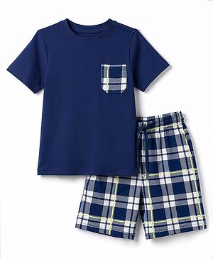 Pine Kids Cotton Knit Half Sleeves Checkered T-Shirt & Shorts Night Suit - Navy Blue