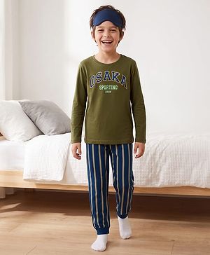 Pine Kids Cotton Knit Full Sleeves Text Printed Tee &  Pyjama Night Suit - Olive Green