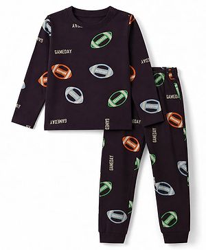 Pine Kids Cotton Knit Full Sleeves T-Shirt & Pyjama Co-ords Night Suit With Ball Print - Wine