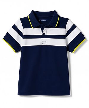 Pine Kids 100% Cotton Knit Half Sleeves Striped Polo T-Shirt - Navy Blue