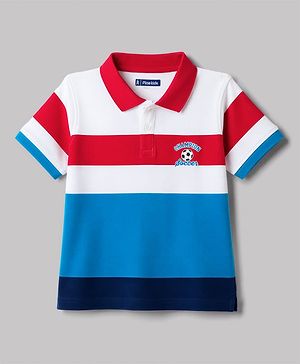 Pine Kids 100% Cotton Knit Half Sleeves Striped & Sports Theme Printed Polo T-Shirt - Blue & Red