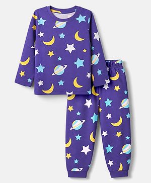 Babyhug Cotton Knit Full Sleeves T-Shirt & Pyjama Co-ords Night Suit With Space Print - Navy Blue