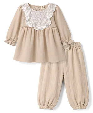 ToffyHouse Cotton Knit Full Sleeves
                              Top & Pant Set With Lace Detailing -
                              Beige