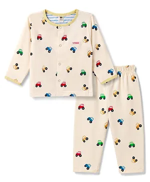 ToffyHouse Knitted Full Sleeves T-Shirt & Pyjama Co-Ord Night Suit With Truck Print - Cream