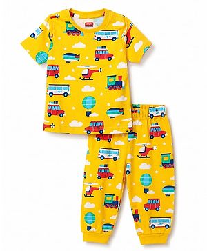 Babyhug 100% Cotton Knit Half Sleeves Co Ord T-Shirt & Pyjama Night Suit Vehicle Print - Yellow
