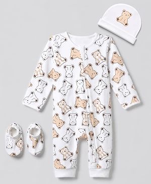 Bonfino 100% Cotton Knit Full Sleeves Bear Printed Romper With Cap & Booties - White