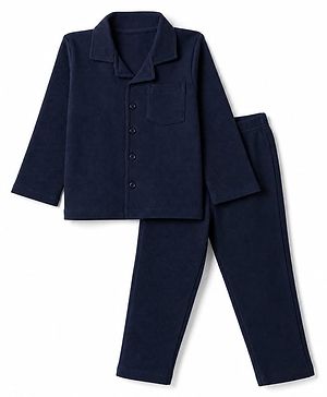 Babyhug 100% Cotton Knit Full Sleeves Co-Ords Shirt & Pyjama Night Suit with Pocket - Navy Blue