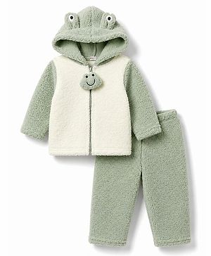 Babyhug Fur Woven Full Sleeves Hooded Winter Wear Suit Frog Applique - Olive Green & White