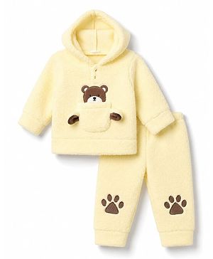Babyhug Fur Woven Full Sleeves Bear Embroidered Hooded Sweatshirt With Pant Winter Wear Suit - Yellow