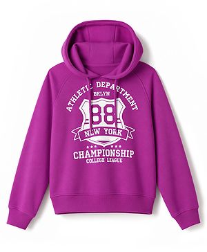 Pine Kids Cotton Knit Hooded Sweatshirt with Full Sleeves and Varsity Print - Purple