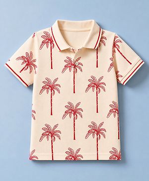 Pine Kids Cotton Knit Half Sleeves Polo T-Shirt with Palm Tree Print - Peach