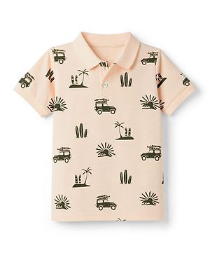 Pine Kids Cotton Knit Half Sleeves Polo T-Shirt with Beach Theme Print - Pink