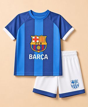 Pine Active Knit Half Raglan Sleeves Striped & Text Printed T-Shirt & Shorts Football Set - Blue