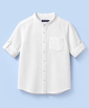 Pine Kids Cotton Woven Full Sleeves Solid Shirt with Mandarin Collar - White