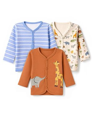 Babyhug 100% Cotton Interlock Knit Front Open Full Sleeves Striped Jhablas with Jungle Safari Theme Pack of 3 - Blue Cream Light Brown