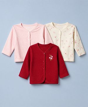 Babyhug 100% Cotton Interlock Knit Full Sleeves Front Open Jhablas With Floral Print Pack of 3 - Red & Pink